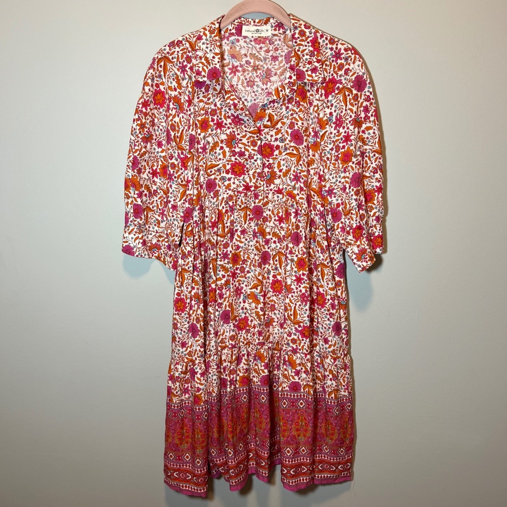 Natural Life Pink Orange Floral Boho Tiered Rayon Midi Dress Women's Medium